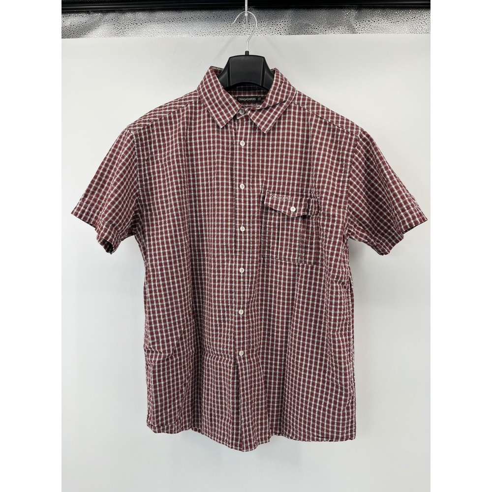 Craghoppers Button Down Shirt Mens XL Red Plaid Seersucker Short Sleeve Hiking